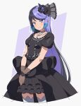  1girl alternate_costume black_dress black_gloves black_hair blue_hair breasts carron_(waccha_primagi!) carron_(waccha_primagi!)_(rabbit) character_hair_ornament closed_mouth commentary_request cowboy_shot dolldolldd dress frilled_dress frills gloves hair_ornament highres jewelry korean_commentary long_hair looking_at_viewer medium_breasts multicolored_hair necklace own_hands_together pretty_series puffy_short_sleeves puffy_sleeves purple_eyes purple_hair see-through_gloves short_sleeves smile solo standing thighhighs very_long_hair waccha_primagi! white_thighhighs 