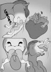  5_fingers anthro anus backsack balls biped comic duo equid equine equine_anus fingers freckles_(artist) genitals glans hooves horse male mammal medial_ring monochrome penis size_difference tongue tongue_out vore 