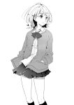  1girl absurdres bow bowtie cardigan closed_mouth collared_shirt commentary dress_shirt greyscale hands_in_pockets hatching highres honda_sora kashikaze kneehighs lonely_girl_ni_sakaraenai long_sleeves monochrome open_cardigan open_clothes pleated_skirt school_uniform screentones shirt short_hair simple_background skirt socks solo 