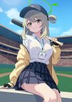  1girl absurdres baseball_bat baseball_cap black_gloves black_headwear black_skirt blue_archive blush breasts buttons closed_mouth collared_shirt feet_out_of_frame fingerless_gloves gloves green_eyes green_halo hair_bun halo hat highres id_card jacket lanyard large_breasts light_brown_hair long_hair nonomi_(blue_archive) open_clothes open_jacket pleated_skirt pogeepoge shirt single_side_bun skirt smile solo white_shirt yellow_jacket 