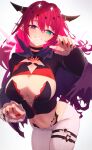 1girl black_choker blue_eyes blush breasts choker cleavage getto grin heterochromia highres hololive hololive_english horns irys_(hololive) large_breasts long_hair looking_at_viewer multicolored_hair multicolored_nails navel pants pointy_ears purple_eyes purple_hair red_hair smile solo streaked_hair very_long_hair virtual_youtuber white_background white_pants 