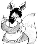  2019 alyrise anthro anthrofied apron arm_tuft big_breasts big_tail black_hair blush braided_hair breasts cleavage clothed clothing cloud curvy_figure digital_drawing_(artwork) digital_media_(artwork) dress eyes_closed female fluffy fluffy_tail fur gigantamax_eevee gigantamax_pokemon hair huge_breasts inktober line_art mammal mature_female nintendo nipple_outline open_mouth open_smile pokemon pokemon_(species) pokemorph side_braid smile solo tail tuft voluptuous wide_hips wrist_tuft 