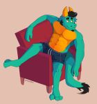  abs absurd_res anthro black_hair bottomwear clothing dragon full-length_portrait green_body hair hi_res horn male muscular muscular_male naaidden pecs portrait resting scalie shorts shorts_only sitting smug solo yellow_body 