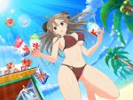 1girl ahoge ass_visible_through_thighs barefoot beach bikini black_ribbon blue_sky blush bomb breasts brown_eyes brown_hair bun_cover cleavage cloud coconut coconut_tree cup day double_bun drinking_straw earrings explosive flower food groin hair_bun highres holding holding_cup holding_food jewelry large_breasts lens_flare linea_alba long_hair looking_at_viewer mountain mountainous_horizon musaceae navel official_art open_mouth outdoors palm_leaf palm_tree red_flower renka_(senran_kagura) ribbon sand senran_kagura senran_kagura_estival_versus senran_kagura_new_link shaved_ice sky solo spilling sweat swimsuit tree underboob water_drop white_flower yaegashi_nan 