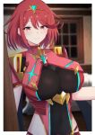  1girl absurdres blurry blurry_background blush bob_cut breasts chest_jewel drop_earrings earrings highres impossible_clothes indoors jewelry large_breasts latte looking_at_viewer pyra_(xenoblade) red_eyes red_hair short_sleeves smile solo swept_bangs tiara xenoblade_chronicles_(series) xenoblade_chronicles_2 