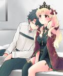  1boy 1girl azumi_(myameco) black_hair black_pants black_thighhighs blonde_hair breasts cape cleavage closed_mouth commentary_request ereshkigal_(fate) fate/grand_order fate_(series) fujimaru_ritsuka_(male) hair_ribbon head_on_another&#039;s_shoulder long_hair long_sleeves medium_breasts pants red_cape red_eyes red_ribbon ribbon shirt short_hair single_thighhigh sitting sleeping smile thighhighs trembling two_side_up white_shirt 