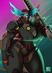  armor big_breasts breasts claws djpuppeh facial_piercing female gun hi_res lip_piercing lips machine open_mouth piercing power_armor ranged_weapon raptidon scalie simple_background smile solo thick_lips weapon 