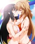  2girls bikini black_hair blonde_hair blue_eyes breast_press engo_(aquawatery) hair_ribbon highres hug kiss kohinata_miku light long_hair multiple_girls orange_eyes red_bikini ribbon senki_zesshou_symphogear swimsuit symmetrical_docking tachibana_hibiki_(symphogear) white_bikini white_ribbon yuri 