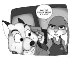  angry anthro banana_spear bodily_fluids canid canine car clothing dialogue disney duo female fox greyscale gun held_at_gunpoint hi_res judy_hopps lagomorph leporid male male/female mammal monochrome nick_wilde rabbit ranged_weapon sweat uniform vehicle weapon zootopia 
