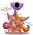  &lt;3 anal anal_penetration anthro balls claws clenched_teeth dialogue duo fan_character fennephilim_fox from_behind_position fur genitals gnar_(lol) hi_res holding_both_legs holding_partner league_of_legends legs_up male male/male motion_lines multicolored_body multicolored_fur one_eye_closed onomatopoeia open_mouth orange_body orange_fur penetration penis red_body red_fur riot_games sex sound_effects spread_legs spreading standing standing_sex tattoo teeth text toe_curl tongue tongue_out yordle 