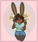  &lt;3 anthro big_breasts big_butt big_ears blue_background blue_clothing blush blush_lines border bottomwear breasts brown_body brown_fur brown_hair butt choker clothing cursive curvy_figure doodlebunnyart double_v_sign eyes_closed female fur gesture grey_body grey_fur hair heart_choker heart_nose hi_res hourglass_figure humor jewelry lagomorph legs_together leporid mammal meme meme_clothing necklace nose_blush pink_background rabbit red_clothing scut_tail shirt short_tail shorts signature simple_background smile solo standing star tail tan_body tan_fur teal_clothing text text_on_clothing text_on_shirt text_on_topwear thick_thighs tongue tongue_out topwear v_sign wide_hips 