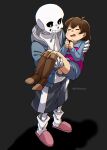  1boy 1other =_= absurdres ahoge androgynous black_background black_sclera blue_jacket blue_shorts blue_sweater boots brown_footwear brown_hair carrying child closed_eyes colored_sclera frisk_(undertale) from_above full_body grey_shorts grin hands_up highres jacket knee_boots leg_warmers long_sleeves open_mouth pink_footwear princess_carry sans shirt short_hair shorts signature simple_background skeleton slippers smile sonokare sweater twitter_username undertale white_shirt 