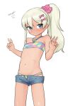  1girl absurdres bikini blonde_hair blue_bikini blue_shorts cowboy_shot dark-skinned_female dark_skin denim denim_shorts double_v flat_chest grecale_(kancolle) green_eyes highres kantai_collection long_hair maru_(marg0613) multicolored_bikini multicolored_clothes official_alternate_costume official_alternate_hairstyle one-hour_drawing_challenge ponytail short_shorts shorts solo standing swimsuit v 