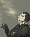  1boy beard beard_stubble bulletproof_vest chanko_neru chris_redfield facial_hair from_side looking_up male_focus mature_male mustache_stubble profile resident_evil short_hair smoke smoking solo stubble thick_eyebrows upper_body 