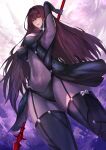  1girl absurdres armor bodysuit breasts fate/grand_order fate_(series) gae_bolg_(fate) hair_intakes highres large_breasts leotard pauldrons polearm purple_bodysuit purple_hair purple_leotard red_eyes scathach_(fate) shoulder_armor solo spear thighs weapon yujieai 