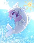  1girl animal animal_ear_fluff animal_ears animalization blonde_hair blue_sky blush cloud day fish fox_ears fox_tail hair_between_eyes highres kemomimi-chan_(naga_u) looking_at_viewer naga_u ocean original outdoors purple_eyes sky solo sparkle splashing sun_symbol tail v-shaped_eyebrows water 