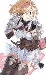  1girl absurdres armor belt black_shirt blonde_hair breasts brown_gloves brown_thighhighs corset djeeta_(granblue_fantasy) dress elbow_gloves gauntlets gloves granblue_fantasy granblue_fantasy:_relink hair_tucking hairband hashibiro_kou_(garapiko_p) highres invisible_chair open_mouth orange_eyes sheath shirt short_hair shoulder_armor simple_background sitting sleeveless sleeveless_dress small_breasts smile solo thighhighs white_background white_dress 