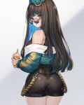  1girl ass back bare_shoulders beret black_hair black_shorts blue-tinted_eyewear blue_hair blush bracelet breasts colored_inner_hair cup drink drinking_straw fate/grand_order fate_(series) green_headwear green_jacket grey_eyes hat highres holding holding_cup holding_drink jacket jewelry light_smile long_hair long_sleeves looking_at_viewer looking_back looking_over_eyewear medium_breasts multicolored_hair off_shoulder round_eyewear shorts sidelocks smile solo sunglasses tenochtitlan_(fate) tenochtitlan_(second_ascension)_(fate) thighs tinted_eyewear ura_illust 