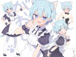  1girl animal_ears blue_eyes blue_hair blush breasts cat_ears cat_tail fingernails looking_at_viewer maid misskey.io multiple_views murakami-san_(misskey.io) open_mouth pantyhose playboy_bunny ryouka_(suzuya) small_breasts tail white_pantyhose wrist_cuffs 