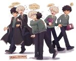  2boys albus_severus_potter amazou black_hair black_robe blonde_hair blue_eyes blush book green_eyes green_necktie harry_potter_(series) harry_potter_and_the_cursed_child highres hogwarts_school_uniform holding_hands hug male_focus multiple_boys necktie robe school_uniform scorpius_malfoy short_hair slytherin striped_necktie wizarding_world 