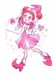  1boy 1girl akatsuki_(ojamajo_doremi) artist_name blush boots chibi chibi_inset commentary_request dodo_(ojamajo_doremi) double_bun dress earrings fairy full_body gloves greenriverknight hair_bun hair_ornament harukaze_doremi hat heart holding jewelry magical_girl musical_note musical_note_hair_ornament ojamajo_doremi open_mouth pink_dress pink_eyes pink_footwear pink_gloves pink_hair pink_headwear short_hair smile speech_bubble standing star_(symbol) white_background witch_hat 