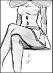  1girl artist_name ass bow breasts buttons cleavage crossed_legs dress greyscale ham_bee_08 head_out_of_frame highres large_bow large_breasts monochrome pantyhose pleated_dress pleated_skirt pokemon pokemon_(game) pokemon_bw shauntal_(pokemon) sketch skirt solo thighs 