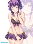  1girl bare_arms bare_shoulders bernadetta_von_varley bikini bikini_skirt blue_eyes commentary_request cowboy_shot etchimune fire_emblem fire_emblem:_three_houses long_hair looking_at_viewer microskirt navel purple_bikini purple_hair purple_skirt simple_background skirt smile solo standing stomach strapless strapless_bikini swimsuit thighs white_background zoom_layer 