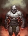  abs absurd_res anthro bare_shoulders barechested big_chest big_legs big_muscles bottomwear buckovskiart clothing darkfantasy draconic dragon ears_up fantasy fog foggy_background grey_body hi_res intimidation lava loincloth male male/male many_teeth menacing_approach monster mostly_nude muscly muscular orange_light original_character_do_not_steal quads red_background rock scalie scar scary simple_background snout solo spikes stronger teeth_expansion teeth_showing terrifying toned_muscles 