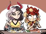  2girls absurdres animal_on_head bare_shoulders bird bird_on_head black_hair blonde_hair breasts chick cleavage closed_mouth commentary english_commentary food fork fried_egg highres horns knife multicolored_hair multiple_girls neckerchief niwatari_kutaka on_head peargor red_hair red_horns red_neckerchief split-color_hair steak touhou upper_body ushizaki_urumi white_hair 