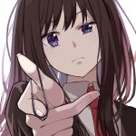  1girl aiming_at_viewer black_hair black_jacket blazer collar eyelashes fingernails highres inoue_takina jacket light_frown long_hair looking_at_viewer lycoris_recoil narrowed_eyes necktie purple_eyes raa_senpai red_necktie rubber_band rubber_band_gun suit upper_body 