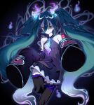  1girl aqua_hair bare_shoulders black_thighhighs dupu ghost ghost_miku_(project_voltage) glitch gradient_hair grey_shirt hair_between_eyes hatsune_miku highres long_hair multicolored_hair necktie pale_skin pokemon project_voltage shirt skirt sleeves_past_fingers sleeves_past_wrists thighhighs very_long_hair vocaloid will-o&#039;-the-wisp_(mythology) yellow_eyes 