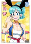  1girl animal_ears blue_eyes blush breasts bulma cleavage collarbone dragon_ball fake_animal_ears green_hair hairband large_breasts looking_at_viewer mike_luckas open_mouth rabbit_ears short_hair short_ponytail smile solo teeth upper_teeth_only 