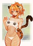  1girl animal_ears bandeau bare_arms bare_shoulders border cowboy_shot fizzeru hand_up highres medium_hair multicolored_background multicolored_hair nail_polish navel orange_hair original outline panties solo tail tiger_ears tiger_girl tiger_tail two-tone_hair underwear white_border white_hair white_nails white_outline white_panties 