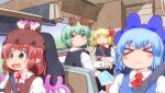  &gt;_&lt; 4girls animal_ears ascot bird_ears black_cape blonde_hair blue_bow blue_dress blue_hair blush bow brown_dress brown_eyes brown_headwear cape car_interior cirno closed_mouth collared_shirt commentary_request dress driving earrings expressionless green_eyes green_hair hair_bow hair_ribbon hat highres jewelry long_sleeves matty_(zuwzi) medium_bangs multiple_girls mystia_lorelei open_mouth pinafore_dress pink_bow pink_hair red_ascot red_ribbon ribbon rumia rv shirt short_hair single_earring sleeveless sleeveless_dress smile suiyou_dou_de_shou team_9 touhou upper_body white_shirt winged_hat wriggle_nightbug 