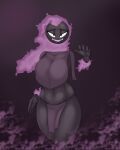  anthro big_breasts blackbetty bottomwear breasts clothed clothing female gastly generation_1_pokemon hair hi_res loincloth looking_at_viewer nintendo open_mouth pokemon pokemon_(species) simple_background smile solo teeth thick_thighs wide_hips 