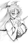  1girl aeyga bat_wings bikini blush breasts demon_girl greyscale hands_on_own_chest long_hair looking_at_viewer monochrome morrigan_aensland patterned_clothing swimsuit upper_body vampire_(game) wings 