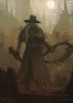  1other ambiguous_gender artist_name bloodborne capelet city copyright_name facing_away from_behind gun hat highres holding holding_gun holding_weapon hunter_(bloodborne) moon outdoors ponytail saw_cleaver solo standing torn_capelet torn_clothes torn_coat tripdancer weapon 