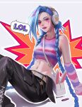  1girl alternate_costume asymmetrical_bangs bag bare_shoulders belt black_pants blue_hair bullet grey_belt headphones highres jinx_(league_of_legends) knees_up league_of_legends long_hair navel outline pants pink_eyes pink_lips shirt shoulder_bag solo speech_bubble stomach striped striped_shirt striped_sleeves syami_(choiimi) teeth twintails white_background white_outline 