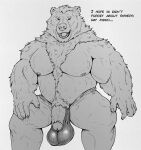  anthro balls barazoku bear big_balls big_chest big_penis body_hair daddy_kink dialogue eyewear father_(lore) fluffy_chest genitals glasses hairy happy_trail humanoid_genitalia looking_at_viewer male male/male mammal mane mature_male monochrome musclegut muscular nipples parent_(lore) penis saggy_balls smile smiling_at_viewer smirk smirking_at_viewer solo tompi_(artist) 