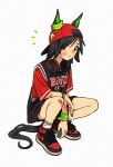  1girl absurdres animal_ears appleq backwards_hat bandaid bandaid_on_arm bandaid_on_face bandaid_on_knee bandaid_on_leg bare_legs baseball_cap black_hair black_shorts black_vest clothes_writing commentary_request ears_through_headwear eyes_visible_through_hair frown hat headphones headphones_around_neck highres horse_ears horse_girl horse_tail looking_at_viewer red_eyes red_shirt shirt shoes short_hair short_shorts shorts simple_background sneakers socks solo squatting t-shirt tail umamusume vest white_background winning_ticket_(umamusume) wristband 