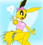  2020 anthro black_sclera bottomwear bow_(feature) breasts clothed clothing crop_top cutoffs denim denim_clothing digital_drawing_(artwork) digital_media_(artwork) eeveelution female fingers fluffy fluffy_tail fur generation_1_pokemon hi_res jolteon long_ears looking_at_viewer midriff neck_tuft nintendo open_mouth peace_symbol pokemon pokemon_(species) sandwich-anomaly shirt shorts simple_background skimpy smile solo tail tongue topwear tuft v-cut white_eyes yellow_body yellow_fur 