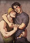  2boys arms_around_neck bad_id bad_tumblr_id bara black_hair blonde_hair blush cheek_press clothes_lift couple cris_art cuddling denim ear_piercing feet_out_of_frame green_tank_top hand_on_another&#039;s_arm heads_together hulkling jeans lgbt_pride lifted_by_another male_focus marvel midriff_peek multiple_boys navel_hair one_eye_closed pants piercing rainbow_belt shirt_lift short_hair sideburns tank_top thick_eyebrows toned toned_male wiccan yaoi 