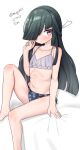 absurdres bikini black_hair cosplay dated feet_out_of_frame flat_chest floral_print hair_over_one_eye hair_ribbon hayashimo_(kancolle) highres hime_cut kantai_collection long_hair makigumo_(kancolle) makigumo_(kancolle)_(cosplay) makigumo_kai_ni_(kancolle) makigumo_kai_ni_(kancolle)_(cosplay) maru_(marg0613) mismatched_bikini one-hour_drawing_challenge red_eyes ribbon side-tie_bikini_bottom simple_background sitting swimsuit twitter_username very_long_hair white_background 