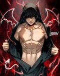  1boy abs black_background black_hair collarbone gothic graffiti highres laovaan male_focus muscular muscular_male open_clothes original pectorals solo yellow_eyes 