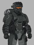  armor commentary commission cowboy_shot english_commentary full_armor grey_background halo_(series) helmet knife magazine_(weapon) pouch sheath sheathed simple_background solo spartan_(halo) thegraffitisoul 