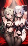  2girls animal_ears areola_slip arlecchino_(genshin_impact) armpits arms_up bare_shoulders black_choker black_gloves black_hair black_pantyhose black_thighhighs braid breasts cameltoe cat_ears choker commentary_request curtains elbow_gloves garter_straps genshin_impact gloves grey_hair highres hominamia large_breasts lingerie long_hair looking_at_viewer lynette_(genshin_impact) medium_breasts multicolored_hair multiple_girls navel pantyhose parted_lips purple_eyes smile stomach streaked_hair thighband_pantyhose thighhighs underwear very_long_hair 