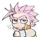  1boy bored chibi dated deruha_(this_communication) huge_eyebrows looking_at_viewer male_focus pink_hair raised_eyebrow short_hair solo spiked_hair this_communication umedairuka upper_body 