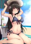  1girl armpits arms_up bare_arms bare_legs bare_shoulders barefoot beach beach_umbrella bikini black_hair blue_sky blush bottle breasts choukai_(kancolle) choukai_kai_ni_(kancolle) cleavage cloud commentary_request cooler day front-tie_top glasses hair_ornament hat headgear highres kantai_collection kuromayu large_breasts long_hair looking_at_viewer navel outdoors red_eyes rimless_eyewear sand side-tie_bikini_bottom sitting sky smile solo striped striped_bikini swimsuit umbrella 
