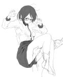  1girl ahoge bra breasts closed_mouth full_body glasses greyscale groping kotoyama monochrome original paw_pose see-through short_hair shorts simple_background solo underwear white_background 