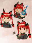  1girl :3 :d animal_ears black_bow black_cat blunt_bangs blunt_tresses blush bow braid cat cat_ears closed_eyes commentary cropped_torso d: dress english_commentary extra_ears fang floating_skull frills grey_background grey_dress hair_bow hair_ribbon hand_up happy heart hitodama index_finger_raised kaenbyou_rin long_hair looking_at_viewer multiple_views nose_blush open_mouth pointy_ears red_eyes red_hair ribbon simple_background skin_fang smile straight-on touhou traditional_media tress_ribbon twin_braids uni9_ayako upper_body 